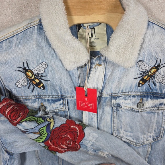 Denim Sherpa Jacket 2XL Tiger Embroidered Distressed Streetwear Legends Rose Bee - Picture 2 of 12